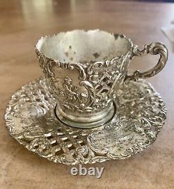 Antique Ornate SilverPlate Tea Cup/Saucer Danish Country Motif