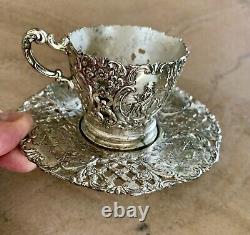 Antique Ornate SilverPlate Tea Cup/Saucer Danish Country Motif