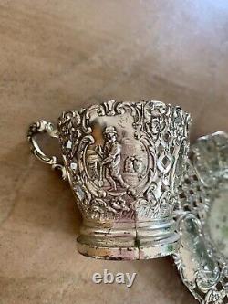 Antique Ornate SilverPlate Tea Cup/Saucer Danish Country Motif