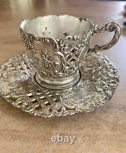 Antique Ornate SilverPlate Tea Cup/Saucer Danish Country Motif