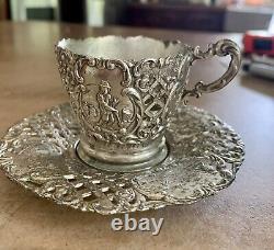 Antique Ornate SilverPlate Tea Cup/Saucer Danish Country Motif