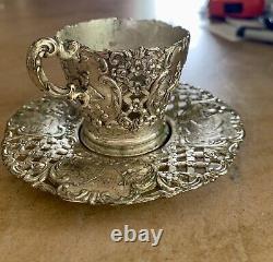 Antique Ornate SilverPlate Tea Cup/Saucer Danish Country Motif