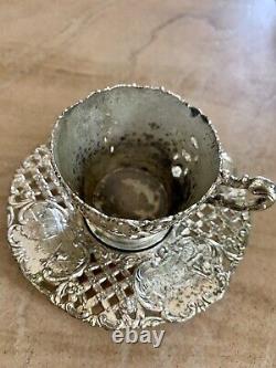 Antique Ornate SilverPlate Tea Cup/Saucer Danish Country Motif