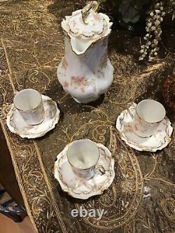 Antique P&B France Limoges Coffee Tea Set Floral Print a Pot and 3 cups