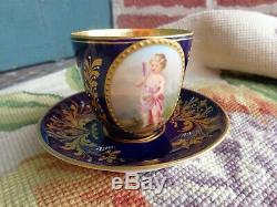 Antique Painted Cherub Royal Vienna Beehive Cabinet Demitasse Cobalt Cup Saucer
