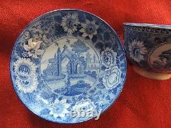 Antique Pearlware Tea Cup Saucer Blue and White Gothic Chinese Transferware 19th