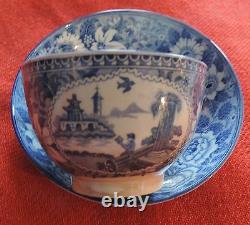 Antique Pearlware Tea Cup Saucer Blue and White Gothic Chinese Transferware 19th
