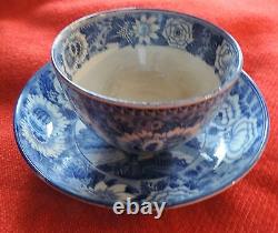 Antique Pearlware Tea Cup Saucer Blue and White Gothic Chinese Transferware 19th