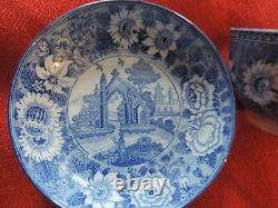 Antique Pearlware Tea Cup Saucer Blue and White Gothic Chinese Transferware 19th