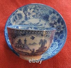 Antique Pearlware Tea Cup Saucer Blue and White Gothic Chinese Transferware 19th