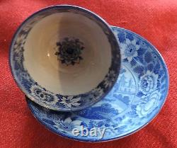 Antique Pearlware Tea Cup Saucer Blue and White Gothic Chinese Transferware 19th