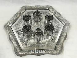 Antique Persian/ Russian Silver & Niello Serving Tray with 6 Teacup Holders