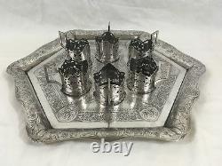 Antique Persian/ Russian Silver & Niello Serving Tray with 6 Teacup Holders