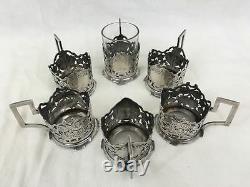 Antique Persian/ Russian Silver & Niello Serving Tray with 6 Teacup Holders