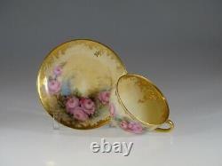Antique Pink Roses And Gold Artist Signed Flat Tea Cup & Saucer, Germany c. 1900