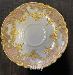Antique Pink and White Teacup and Saucer Raised Gold Lattice Haviland circa 1900