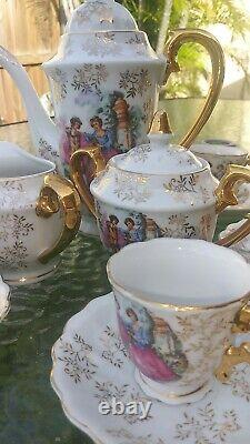 Antique Porcelain Tea Demitasse Set for 6. Hand Painted Gold Trim 17 PCS. EXC