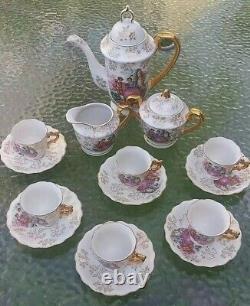 Antique Porcelain Tea Demitasse Set for 6. Hand Painted Gold Trim 17 PCS. EXC