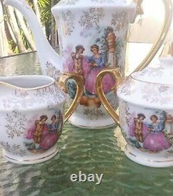 Antique Porcelain Tea Demitasse Set for 6. Hand Painted Gold Trim 17 PCS. EXC