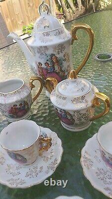 Antique Porcelain Tea Demitasse Set for 6. Hand Painted Gold Trim 17 PCS. EXC