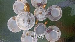 Antique Porcelain Tea Demitasse Set for 6. Hand Painted Gold Trim 17 PCS. EXC