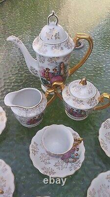 Antique Porcelain Tea Demitasse Set for 6. Hand Painted Gold Trim 17 PCS. EXC