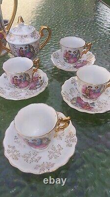 Antique Porcelain Tea Demitasse Set for 6. Hand Painted Gold Trim 17 PCS. EXC