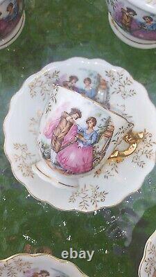 Antique Porcelain Tea Demitasse Set for 6. Hand Painted Gold Trim 17 PCS. EXC