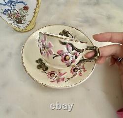 Antique Rare E. D. Bodley Tea Cup & Saucer Aesthetic Orchid Raised Branch Handle