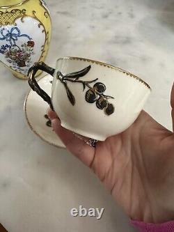 Antique Rare E. D. Bodley Tea Cup & Saucer Aesthetic Orchid Raised Branch Handle