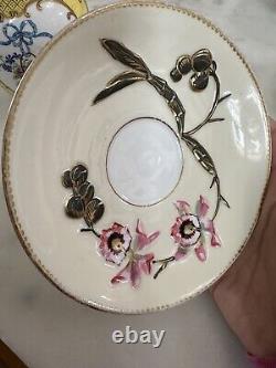 Antique Rare E. D. Bodley Tea Cup & Saucer Aesthetic Orchid Raised Branch Handle