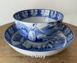 Antique Rare Tea Bowl Cup Saucer Transfer Ware Staffordshire Pearlware Blue 1820