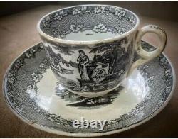 Antique Rare Tea Cup And Saucer Black Blue Transfer Marked