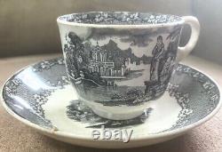 Antique Rare Tea Cup And Saucer Black Blue Transfer Marked