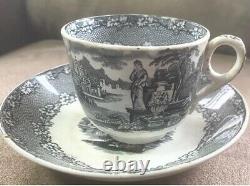 Antique Rare Tea Cup And Saucer Black Blue Transfer Marked