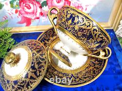 Antique Royal Kinran Nippon Gold Moriage Floral Cobalt Blue Cup & saucer teacup