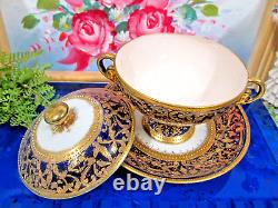 Antique Royal Kinran Nippon Gold Moriage Floral Cobalt Blue Cup & saucer teacup