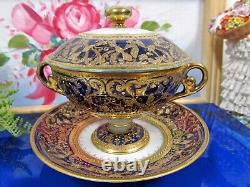 Antique Royal Kinran Nippon Gold Moriage Floral Cobalt Blue Cup & saucer teacup