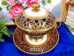 Antique Royal Kinran Nippon Gold Moriage Floral Cobalt Blue Cup & saucer teacup