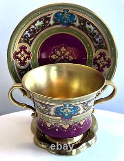 Antique Royal Vienna Double Handle Tea Cup /Saucer GOLD Encrusted Beehive Shield