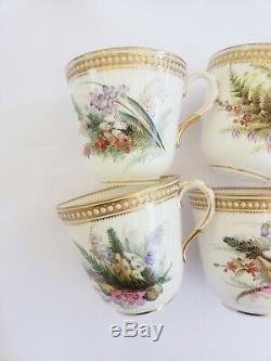 Antique Royal Worcester Bone China 6 Tea Cups 6 Saucers Botanical White Beads