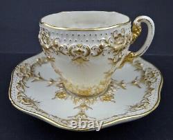 Antique Royal Worcester Tea Cup & Saucer, Embossed Gold