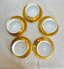 Antique Set Of 5 Golden Porcelain Teacups And Saucers