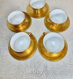 Antique Set Of 5 Golden Porcelain Teacups And Saucers