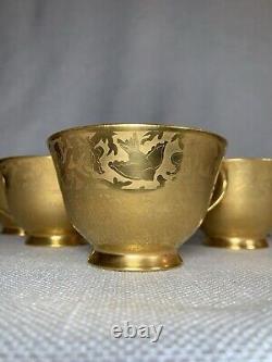 Antique Set Of 5 Golden Porcelain Teacups And Saucers