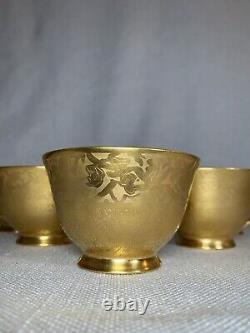 Antique Set Of 5 Golden Porcelain Teacups And Saucers