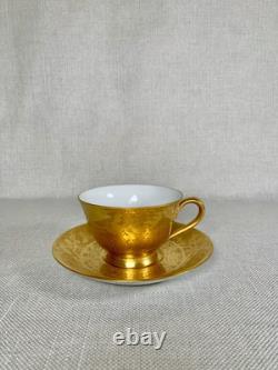 Antique Set Of 5 Golden Porcelain Teacups And Saucers