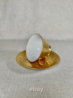 Antique Set Of 5 Golden Porcelain Teacups And Saucers