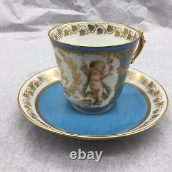 Antique Sevres Cherub Blue Celeste Tea Cup Saucer Set Gold Louise Philippe