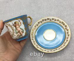 Antique Sevres Cherub Blue Celeste Tea Cup Saucer Set Gold Louise Philippe